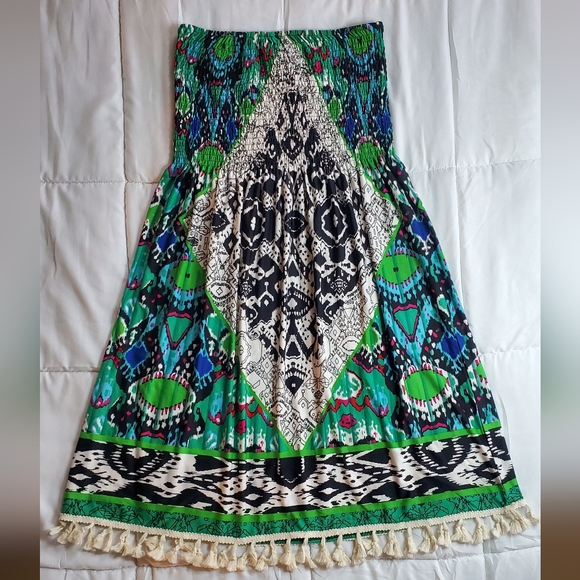 Magic Dresses & Skirts - Magic Strapless Boho Patterned Midi Dress Women's 3X Green / Blue